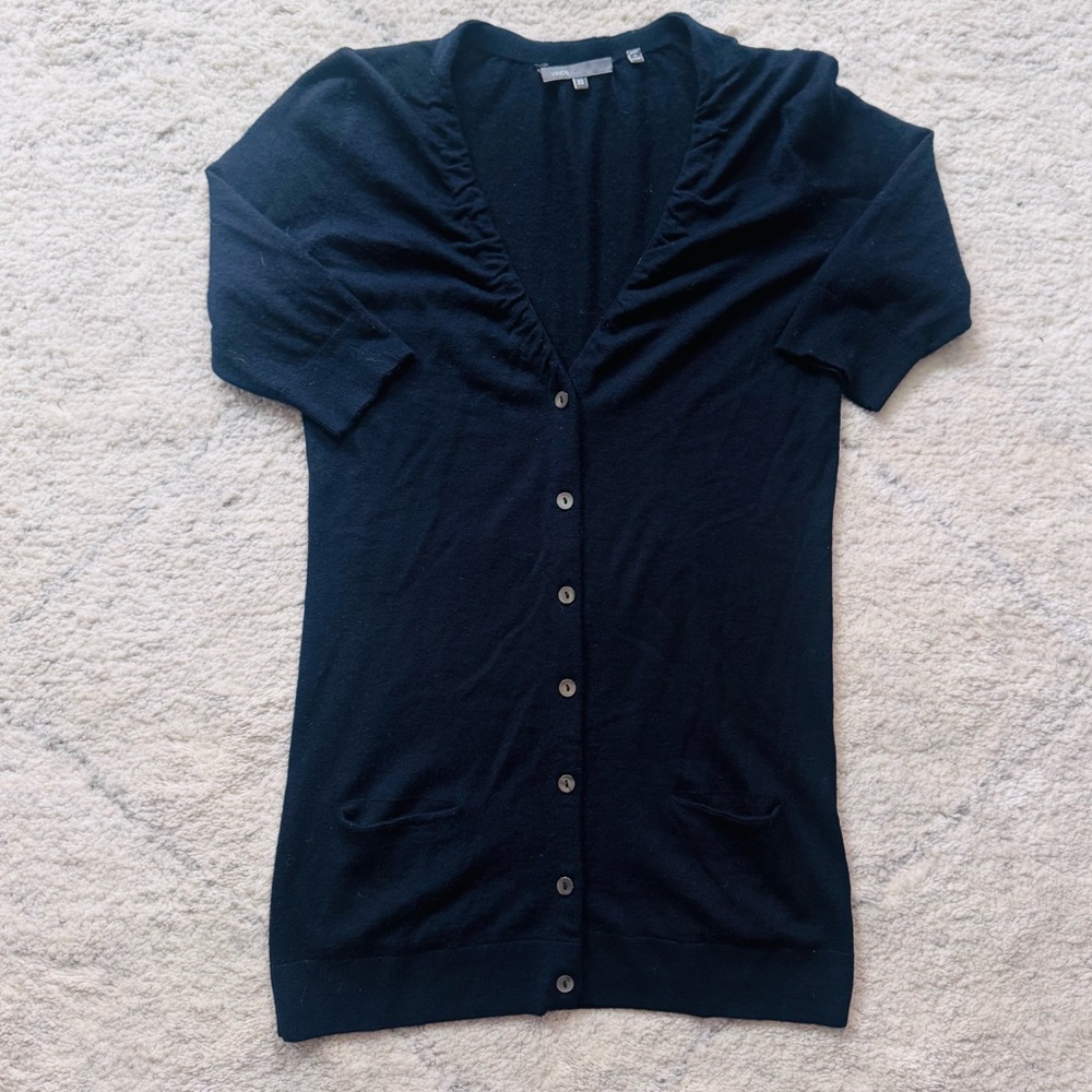 Vince Navy Cashmere Short-Sleeve V-Neck Cardigan Sweater